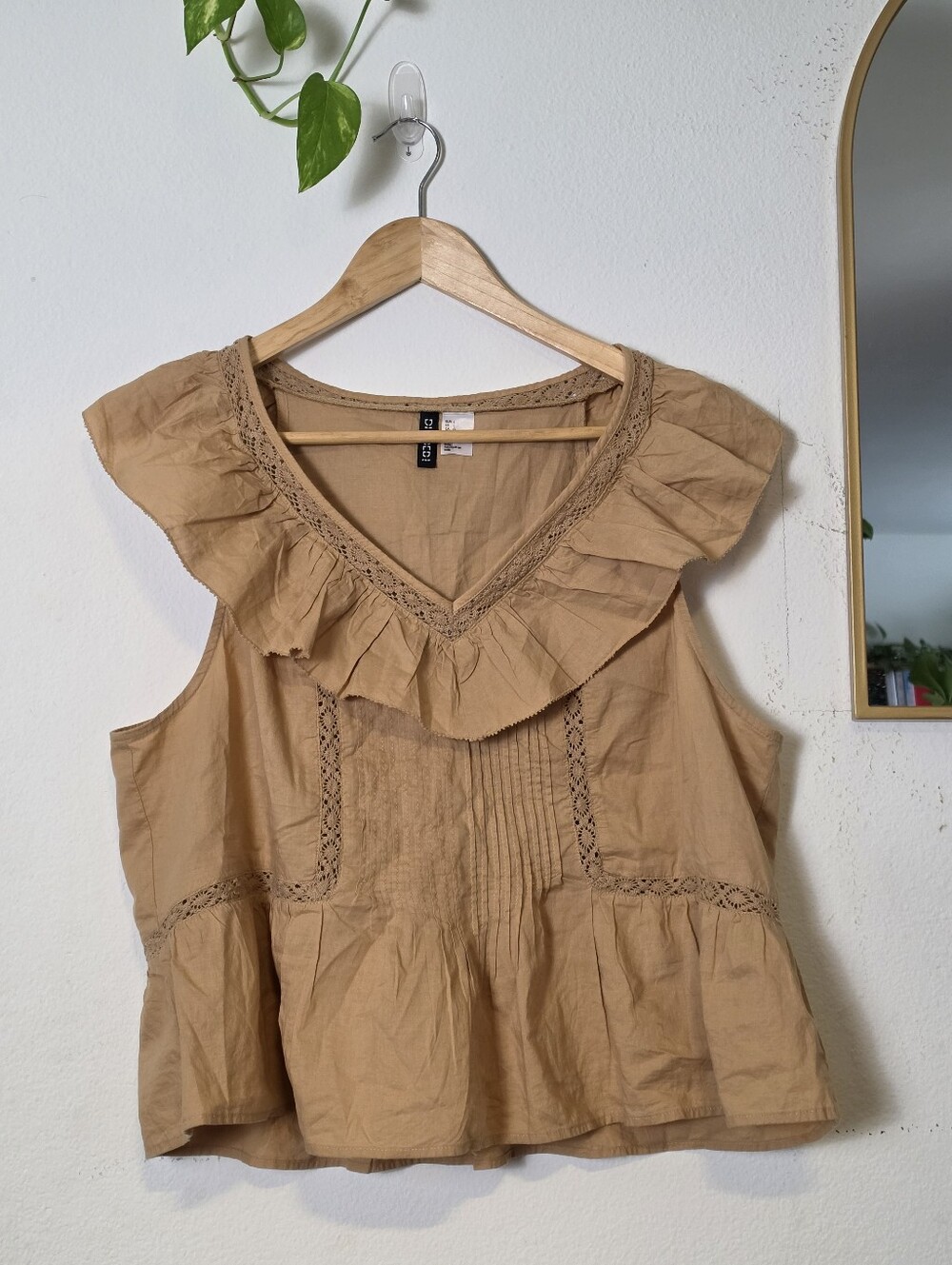 Beige Ruffle Boho Lace Detail Top